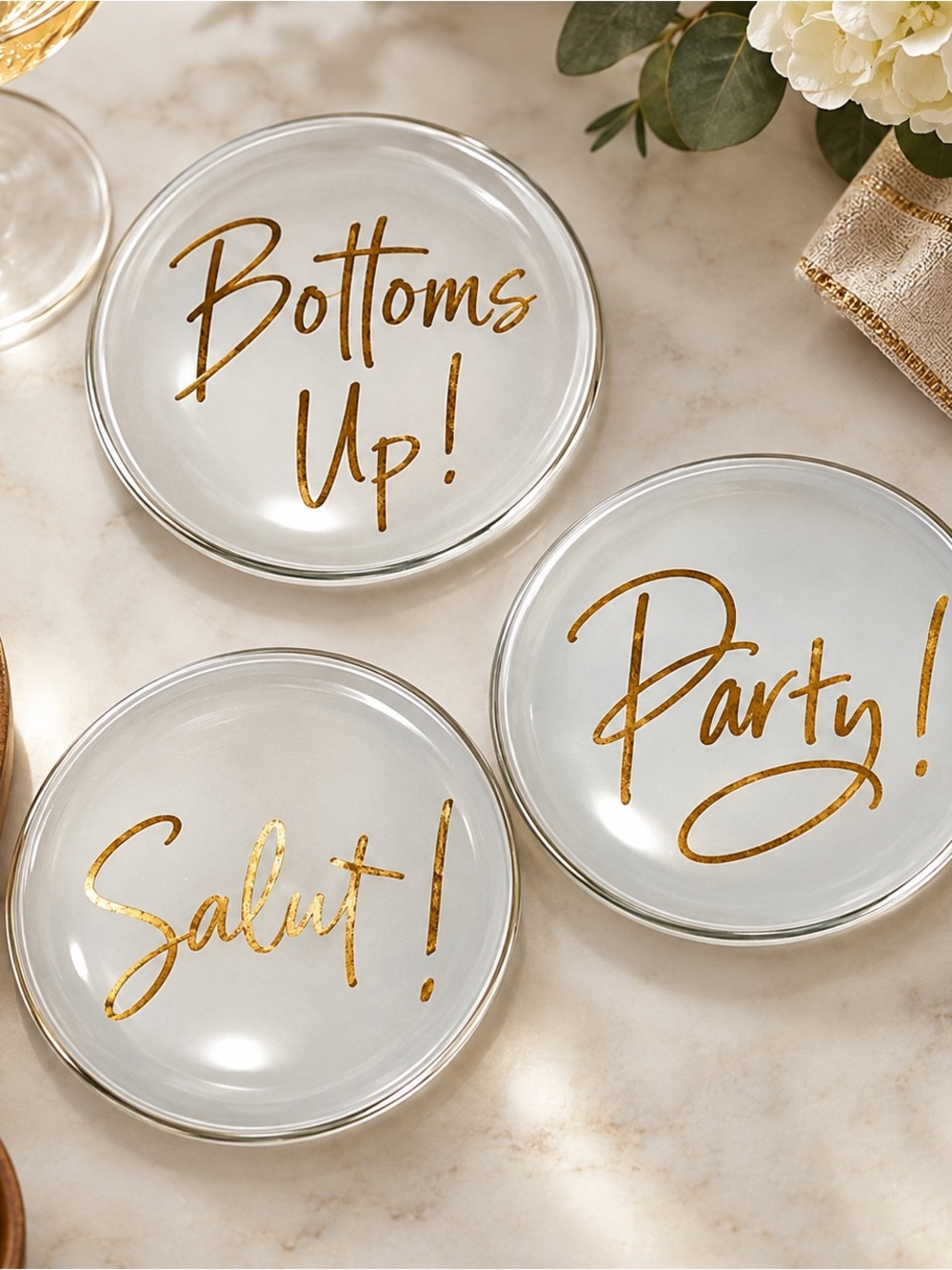 NEW - Prima Design 3-Piece Glass Gold Script Appetizer Plates / Wine Coasters